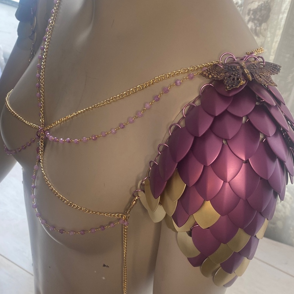 Fairy fantasy scalemail chainmail shoulder armor pauldrons pink jade gold - Picture 6 of 12